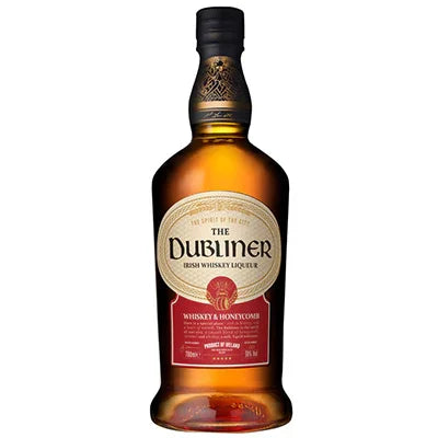 The Dubliner Irish whiskey liqueur bottle with honeycomb flavor, amber liquid, black cap