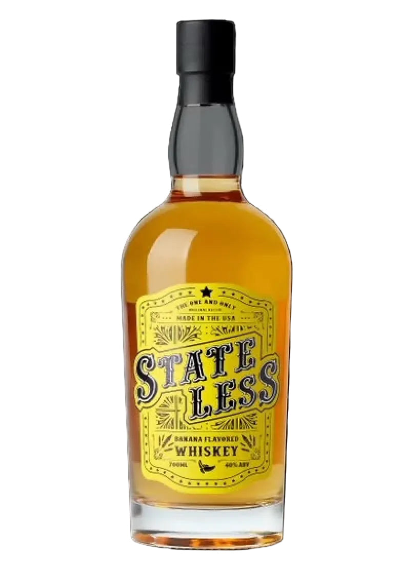 State Less Banana Flavored Whiskey bottle, golden spirit, 700ml, 40% ABV, USA-made