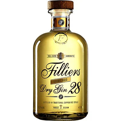 Filliers Barrel Aged Dry Gin 28 bottle with wood cork and gold label, spirits product