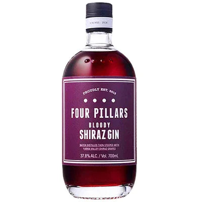 Four Pillars Bloody Shiraz Gin bottle with purple label, clear spirit, 700ml size.