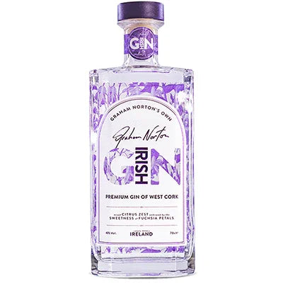 Graham Norton Irish gin bottle with purple label and floral details, 700ml spirits product