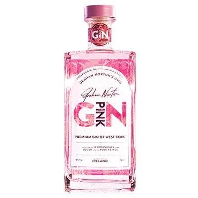 Pink gin bottle with floral accents and clear label, premium gin product photography