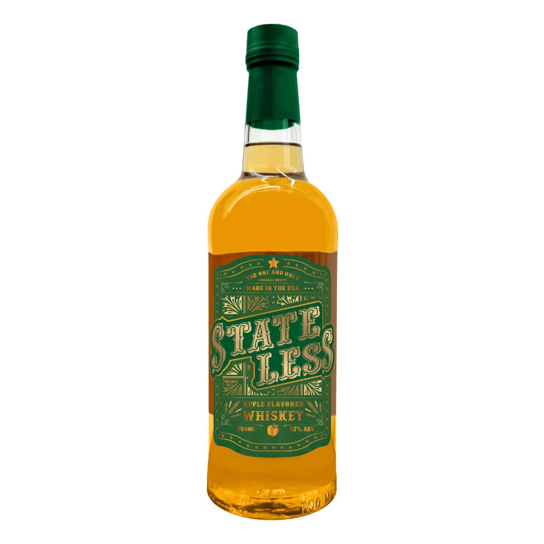 State Less Apple Flavored Whiskey bottle with green label and cap, 750ml, 37% ABV