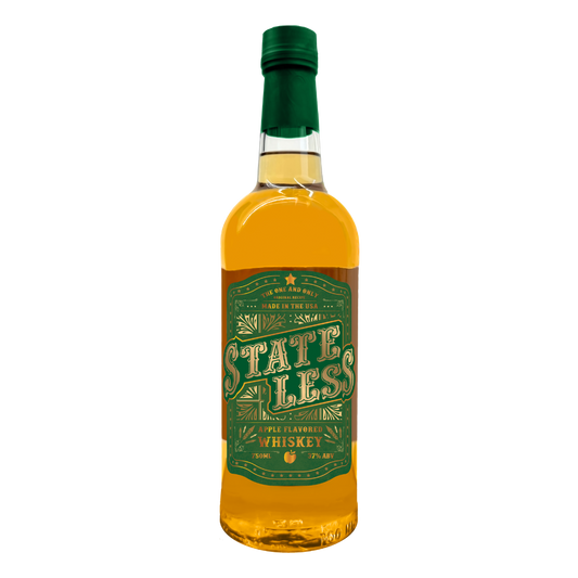 State Less Apple Flavored Whiskey bottle with green label and cap, 750ml, 37% ABV