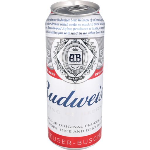 Budweiser beer can, King of Beers, featuring iconic logo and red-white design, premium lager for NZ liquor online