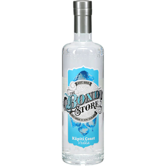 The Bond Store Kāpiti Coast Vodka, 100% made in New Zealand, clear bottle with blue ice design