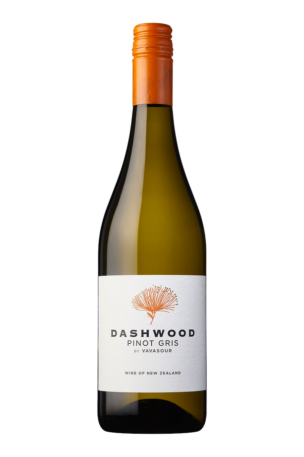 Dashwood Pinot Gris by Vavasour, New Zealand white wine bottle with orange cap and floral label