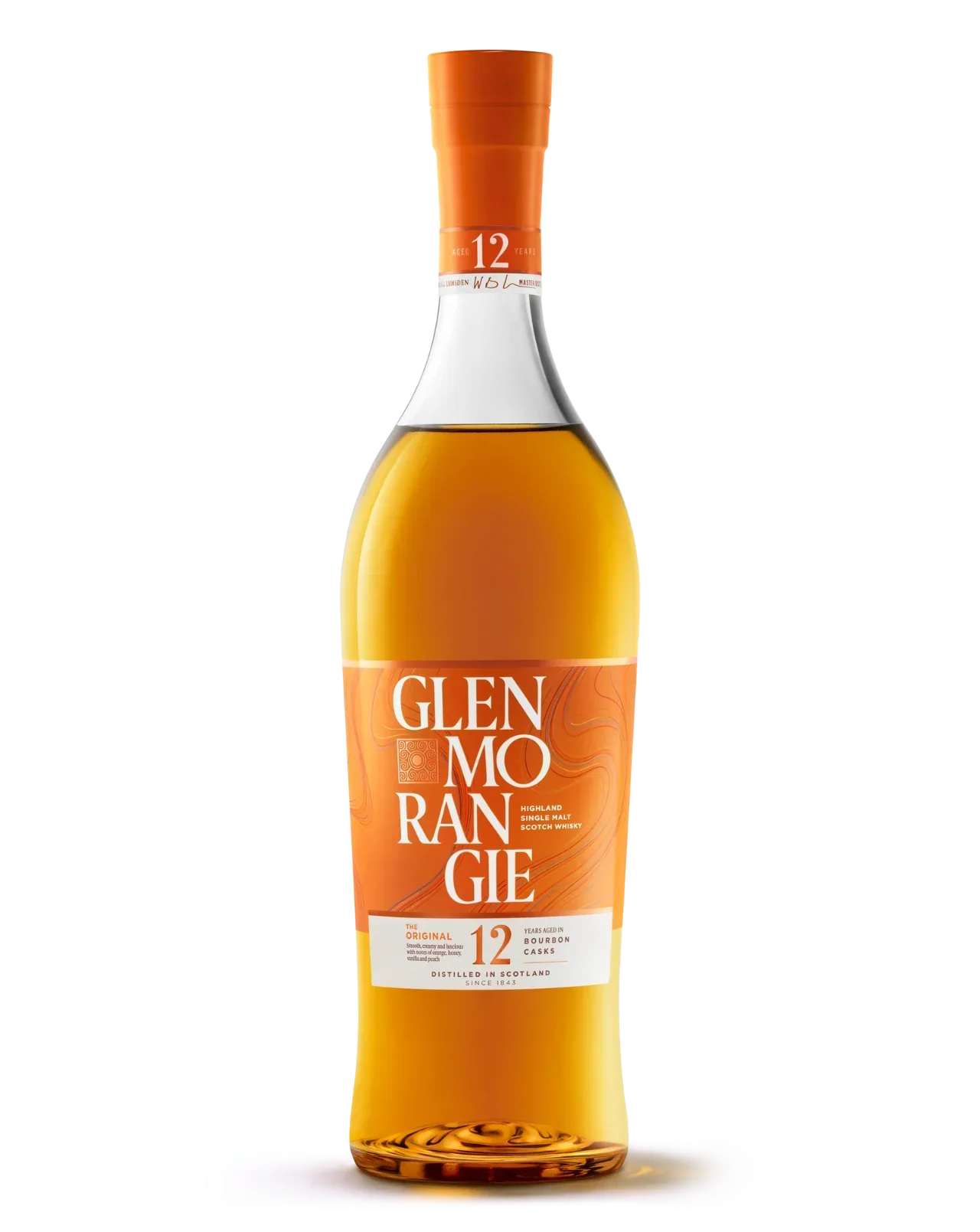 Glenmorangie 12 Year Highland Single Malt Scotch Whisky bottle with orange label and cap