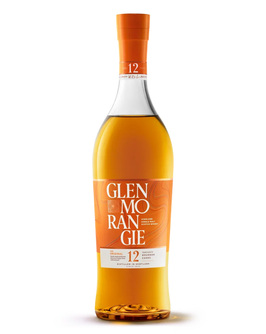 Glenmorangie 12 Year Highland Single Malt Scotch Whisky bottle with orange label and cap