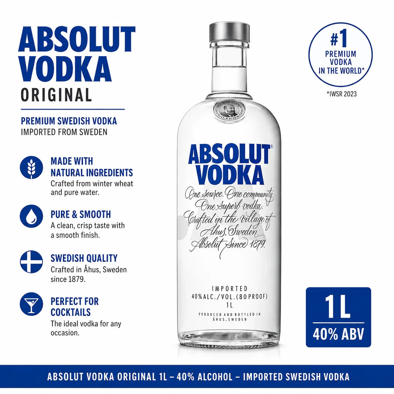 Absolut Vodka Original 1L bottle, 40% ABV, premium Swedish vodka crafted since 1879, ideal for cocktails