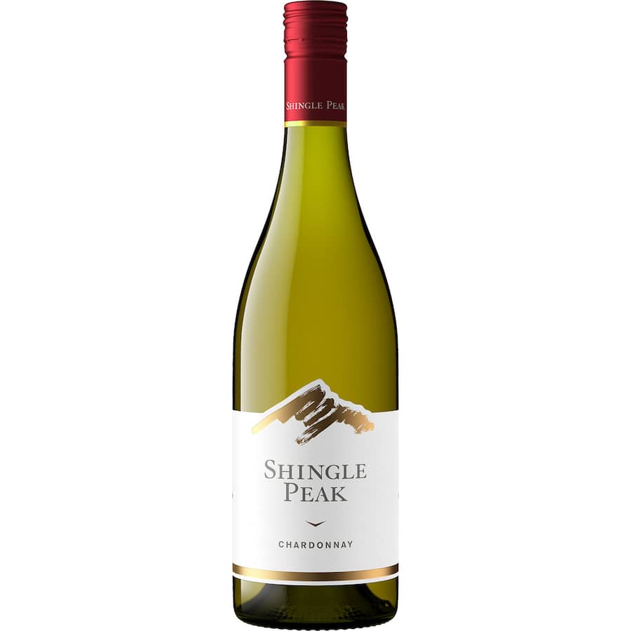 Shingle Peak Chardonnay wine bottle with mountain logo, red cap, white label
