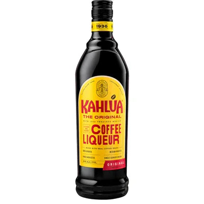 Kahlua coffee liqueur bottle with yellow and red label on a white background