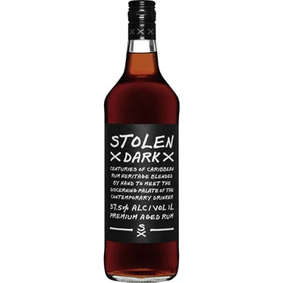Stolen Dark Rum bottle with black label, premium aged Caribbean rum, 37.5% ABV