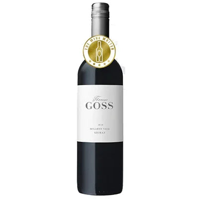 Thomas Goss McLaren Vale Shiraz red wine bottle with award seal on white background