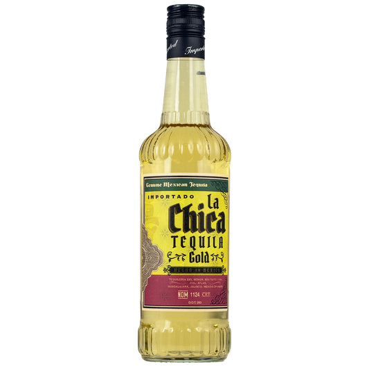 La Chica Gold Tequila bottle, genuine Mexican spirit with vibrant yellow label and black cap