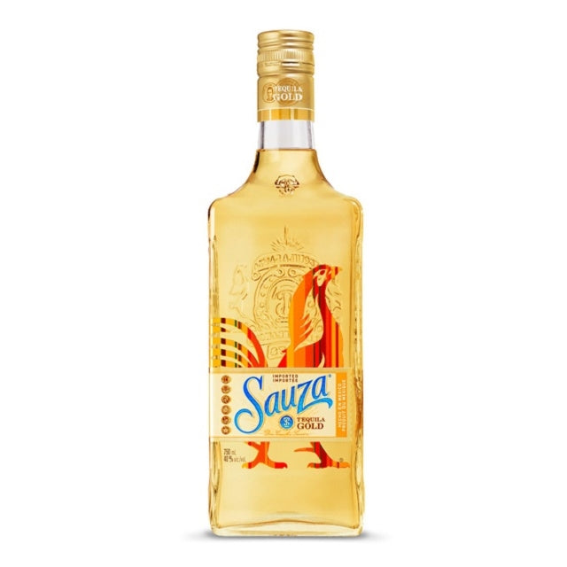 Sauza Tequila Gold bottle with golden liquid and rooster label, premium spirit for cocktails