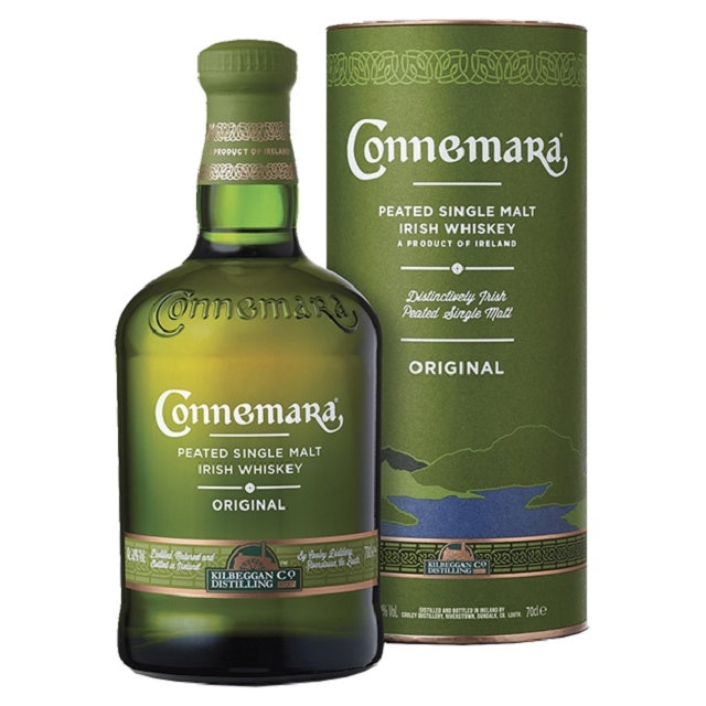 Connemara Peated Single Malt Irish Whiskey bottle and tube packaging, original expression