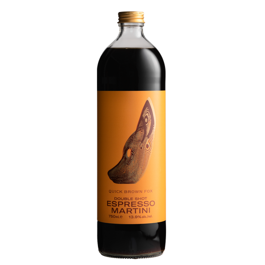 Quick Brown Fox Double Shot Espresso Martini 750mL bottle with orange label and fox design
