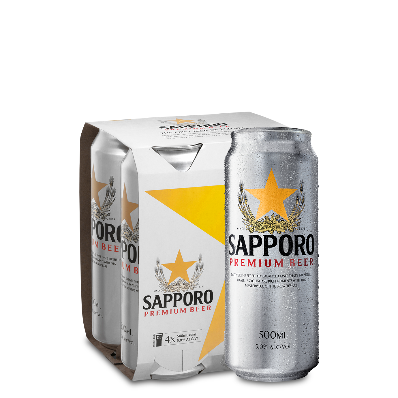 Sapporo Premium Beer 500mL can and 4-pack, chilled with condensation, ideal for NZ liquor online orders