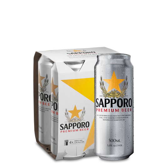 Sapporo Premium Beer 500mL can and 4-pack, chilled with condensation, ideal for NZ liquor online orders