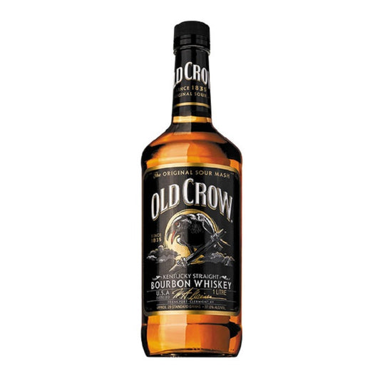 Old Crow Kentucky Straight Bourbon Whiskey 1L bottle, amber spirit, black label with crow emblem