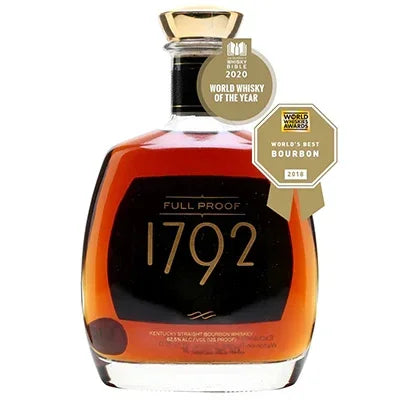 1792 Full Proof Bourbon bottle with gold award badges, whisky, spirits