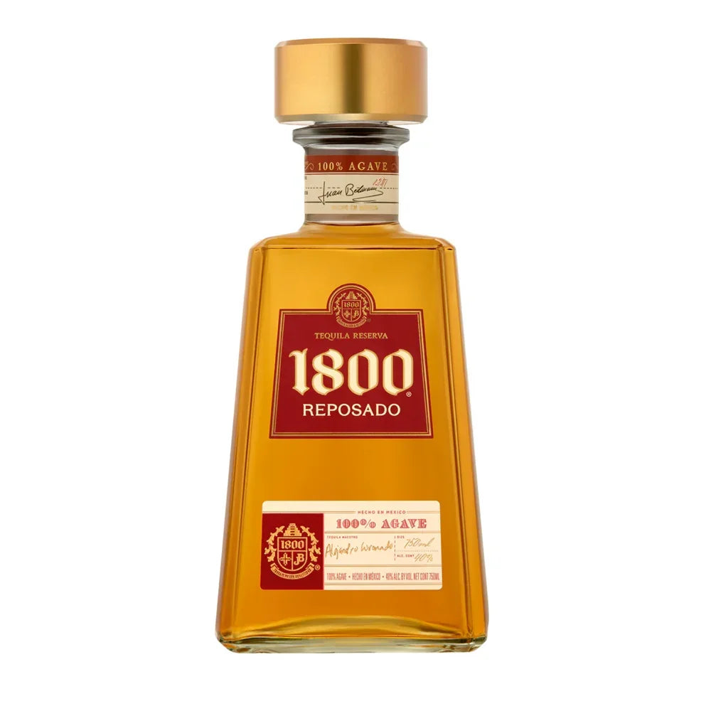 1800 Reposado Tequila bottle, amber liquid, red and gold label, clear glass, spirits product