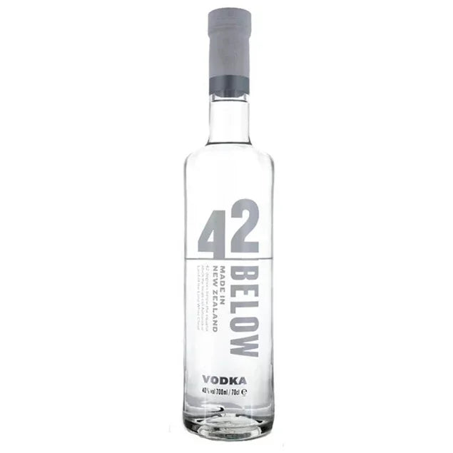42 Below plain vodka bottle, clear glass, New Zealand spirit, 700ml, upright on white background