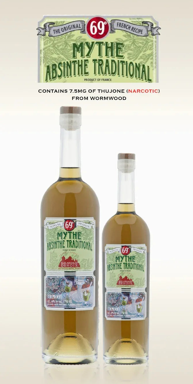 Two bottles of Mythe Absinthe Traditional French spirit, green label, 69% alcohol