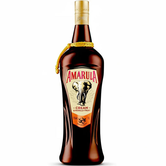 Amarula cream liqueur bottle with marula fruit label and elephant logo, 1L size