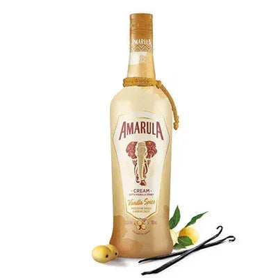 Amarula Vanilla Spice cream liqueur bottle with marula fruits and vanilla pods