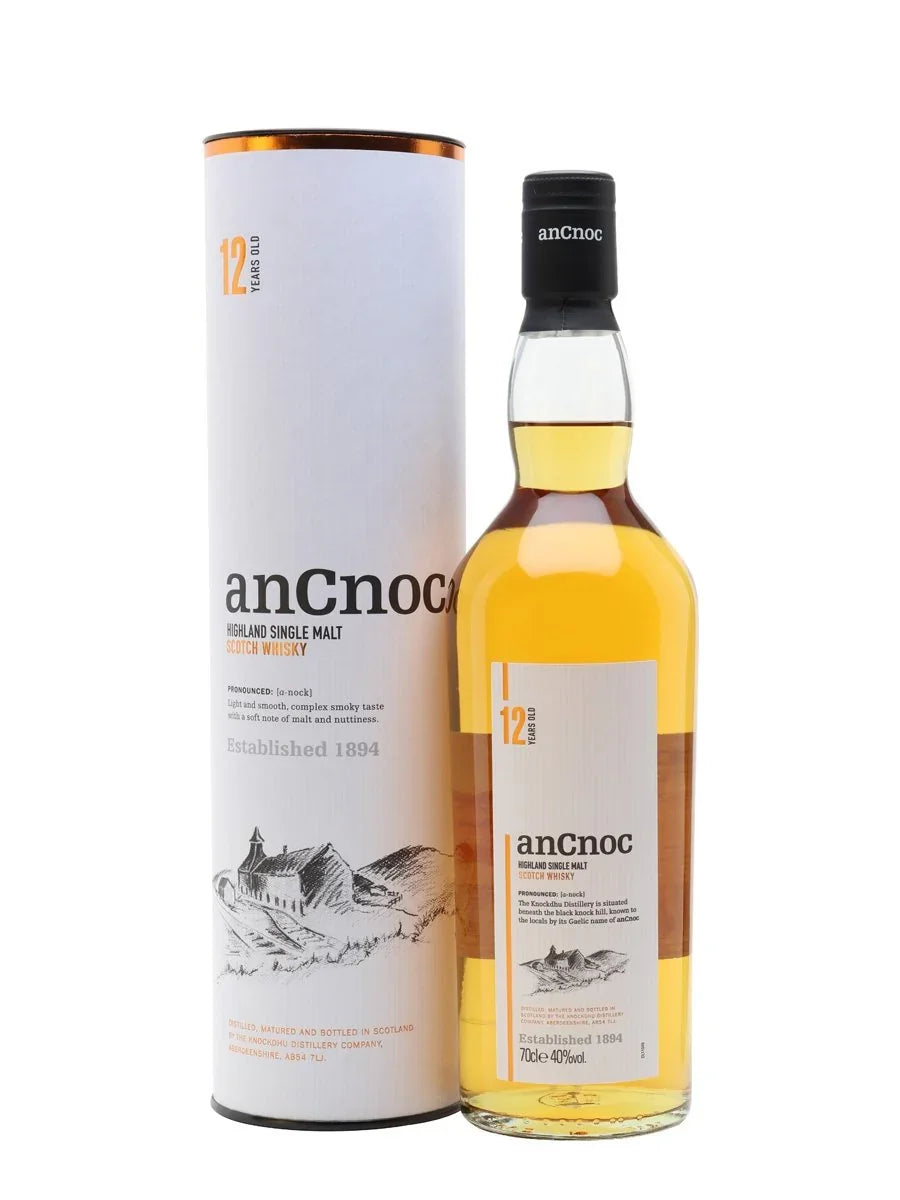 anCnoc 12 year old Highland single malt Scotch whisky bottle and tube packaging