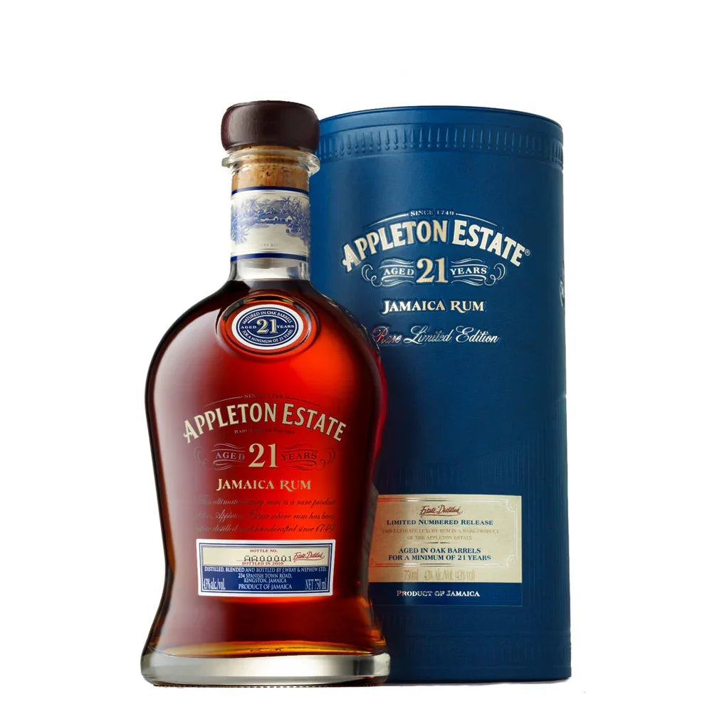 Appleton Estate 21 Year Jamaica Rum bottle and blue gift box on white background