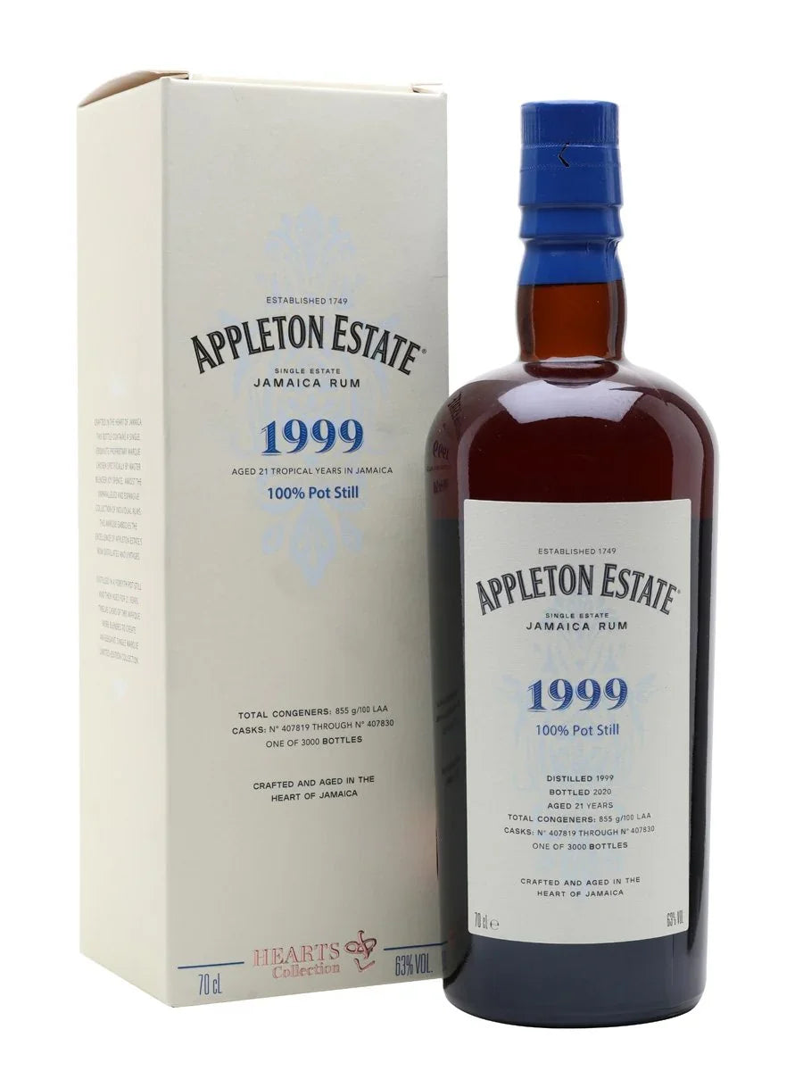Appleton Estate 1999 Jamaica Rum bottle and box, 21 year aged, 100% pot still, 63% ABV, 70cl