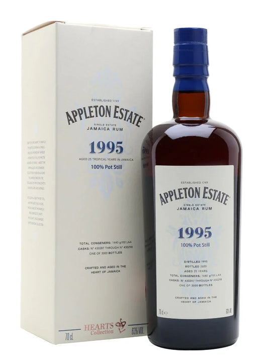 Appleton Estate 1995 25-year-old Jamaica rum bottle and box, Hearts Collection, 63% ABV, 70cl