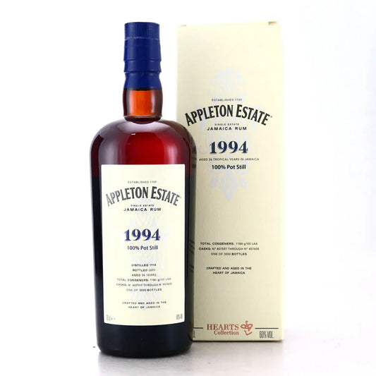 Appleton Estate 1994 Jamaica Rum bottle and box, 100% pot still, Hearts Collection, 26 years aged