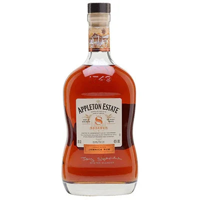 Appleton Estate 8 Year Reserve Jamaica rum in a clear bottle with label and amber liquid