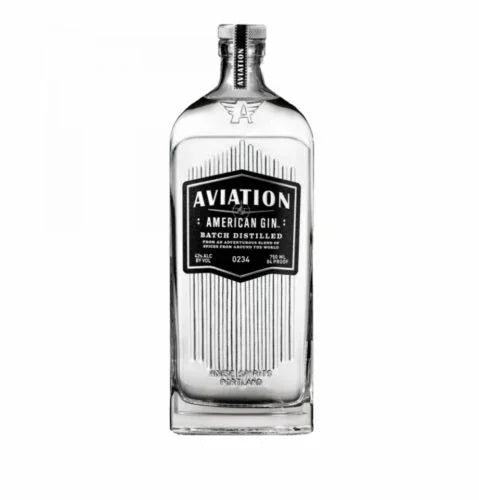 Aviation American Gin bottle, clear glass with black and white label, spirits product