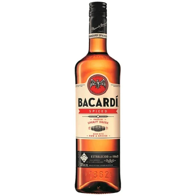 Bacardi Spiced Rum bottle with black cap and beige label featuring red bat logo