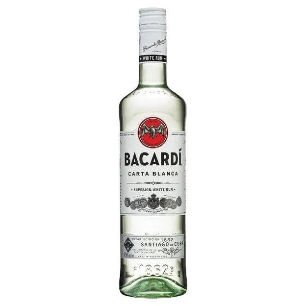 Bacardi Carta Blanca white rum bottle with label and red bat logo on a white background
