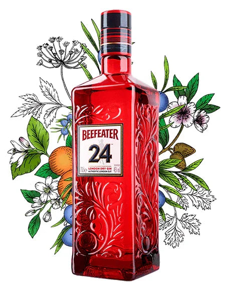 Red Beefeater 24 London Dry Gin bottle with embossed design and botanical illustration background