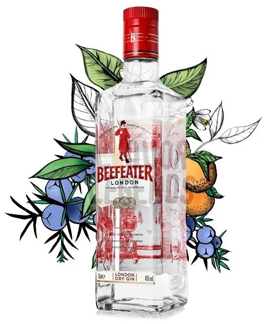 Beefeater London dry gin bottle with illustrated botanicals and citrus fruits in the background