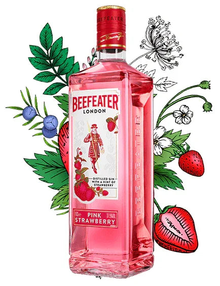 Beefeater Pink Strawberry gin bottle with illustrated berries and botanicals background
