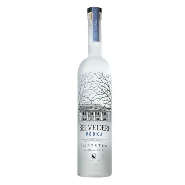 Clear glass bottle of Belvedere vodka with frosted label and detailed building illustration