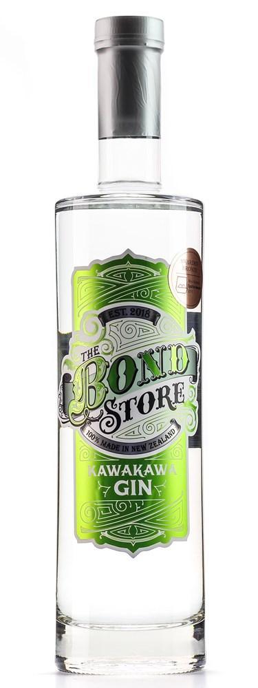 Clear glass bottle of Kawakawa gin with a green label, New Zealand spirits product