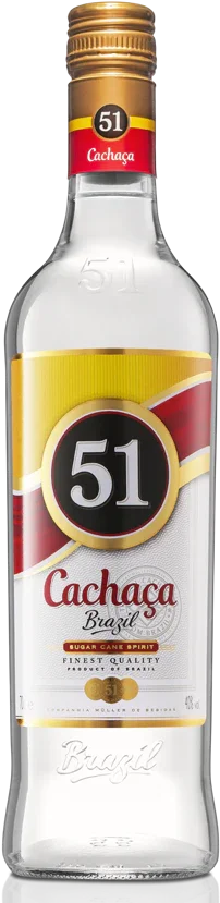 Bottle of 51 Cachaça Brazilian sugar cane spirit with gold cap and clear label