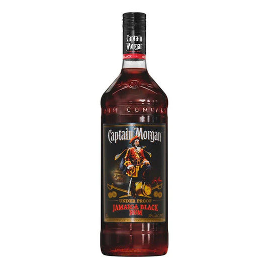 Captain Morgan Jamaica Black Rum bottle with dark label and pirate logo, spirits product