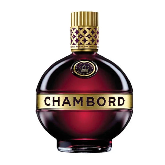 Chambord liqueur round glass bottle with gold label and cap, berry liqueur spirits