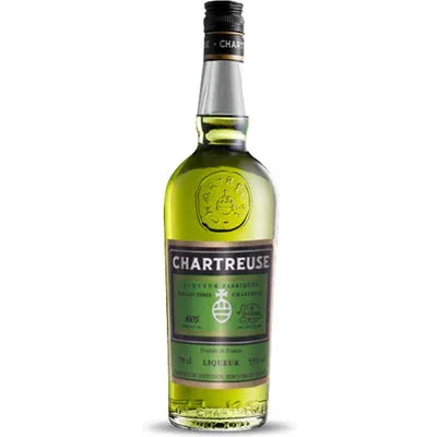 Chartreuse green liqueur bottle with green label and gold seal, spirits product
