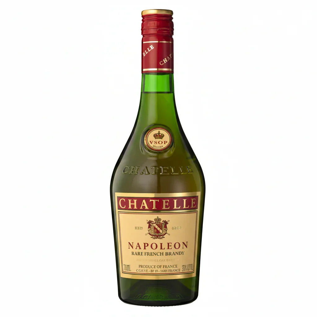 Chatelle Napoleon French brandy bottle with red and gold label on white background